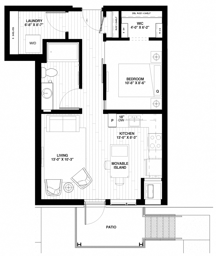 Floor plan for studio, 1 bath, 577 sqft